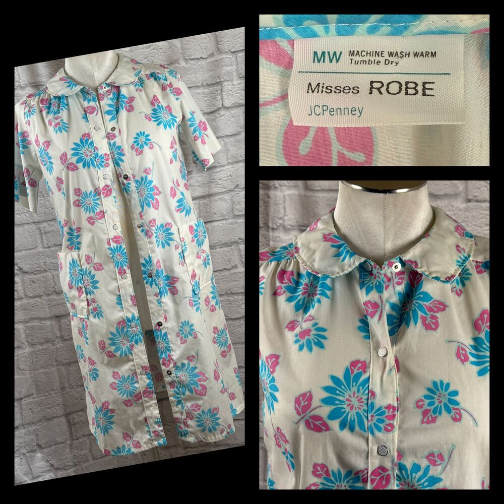 Vtg JCPenney Misses Robe Floral Print Medium Short Sleeve Button-Up House Dress
